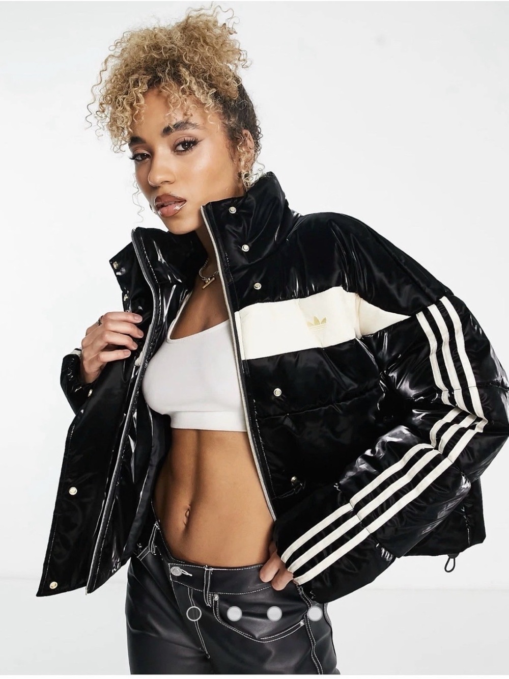adidas Originals Black & Cream Shiny Puffer Jacket Womens Iconic Three Stripe